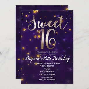 Purple & Gold Night Under The Stars Sweet 16 Party Invitation