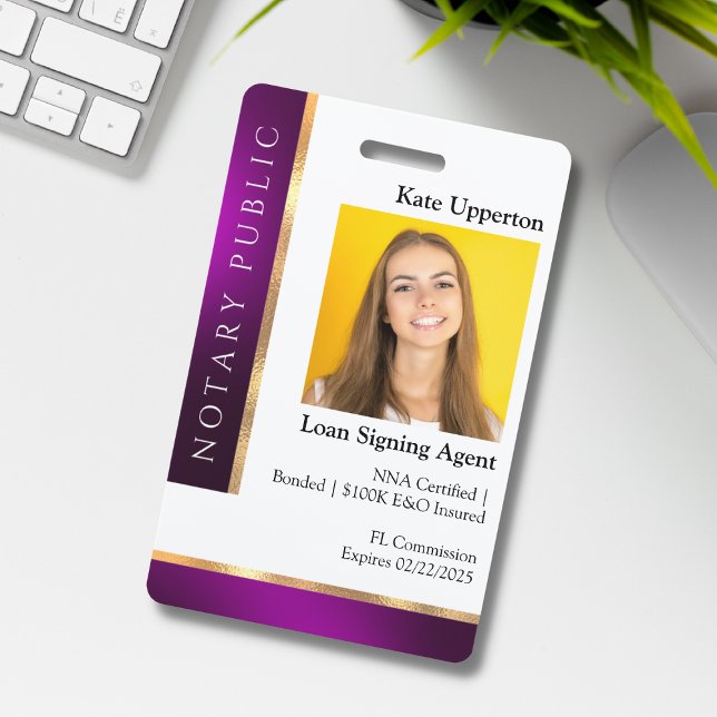 Purple & Gold Notary template for ID Badge (Creator Uploaded)
