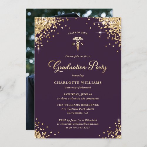 Purple Gold Nursing School Photo Graduation Party Invitation