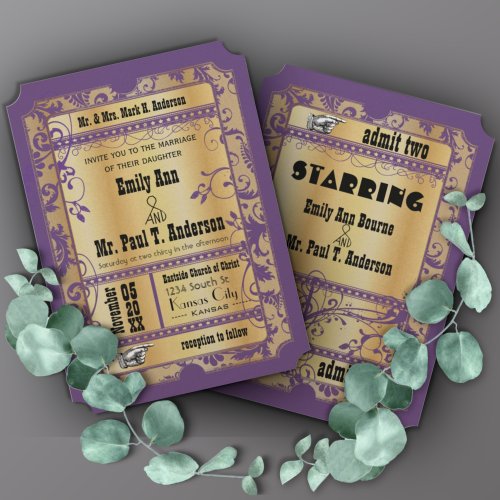 Purple Gold Old Hollywood Vintage Ticket Wedding Invitation