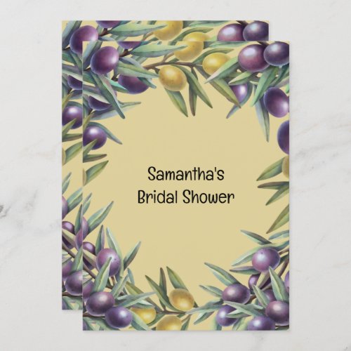Purple gold olive branch greenery botanical bridal invitation