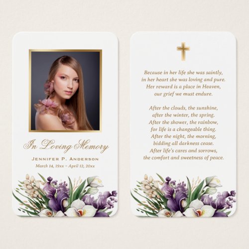 Purple Gold Orchid Funeral Memorial Prayer Cards