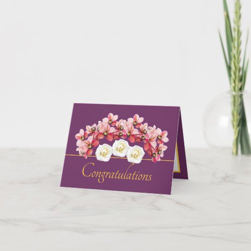 Purple Gold Orchid  Roses Bouquet Congratulations Card