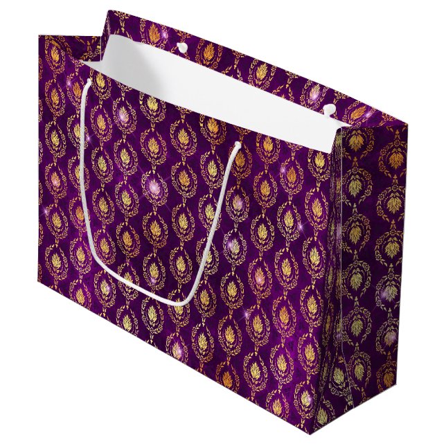 Purple & Gold Ornamental Sparkle Pattern Large Gift Bag (Front Angled)