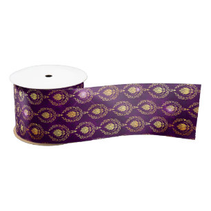 Purple & Gold Ornamental Sparkle Pattern Satin Ribbon