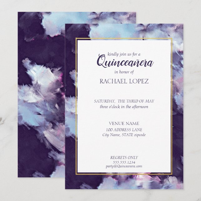 Purple & Gold Painted Abstract Quinceanera Invitation (Front/Back)