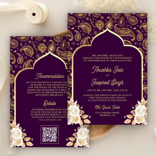 Purple Gold Paisley Floral QR Code Indian Wedding Invitation