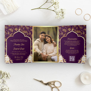 Purple Gold Paisley Floral QR Code Indian Wedding Tri-Fold Invitation