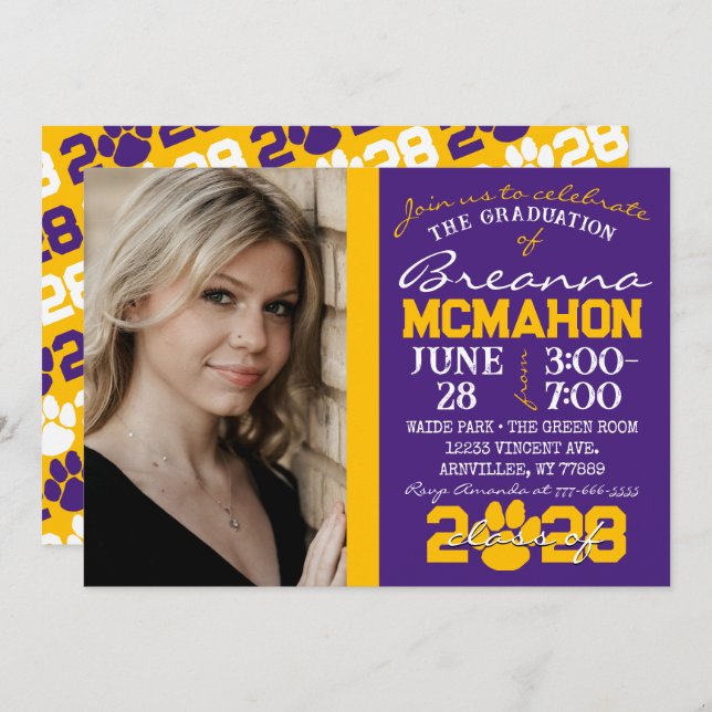 Purple & Gold Pawprint Graduation Photo Invitation (Front/Back)
