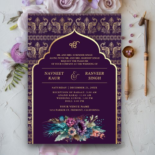 Purple Gold Peacock Anand Karaj Sikh Wedding Invitation