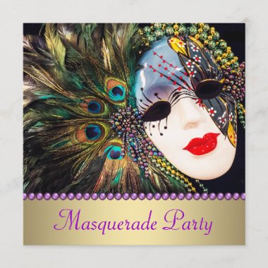 Purple Gold Peacock Feather Mask Masquerade Party Invitation