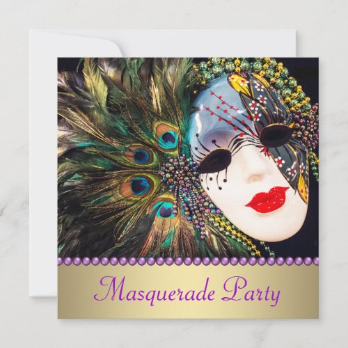 Purple Gold Peacock Feather Mask Masquerade Party Invitation