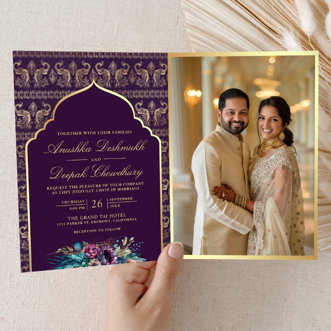 Purple Gold Peacock Pattern Floral Indian Wedding Invitation (Creator Uploaded)