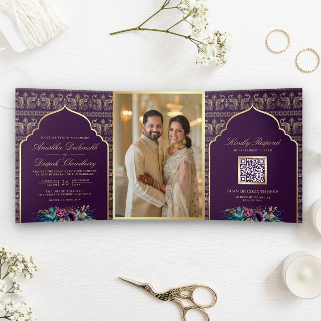 Purple Gold Peacock Pattern Floral Indian Wedding Tri-Fold Invitation (Creator Uploaded)