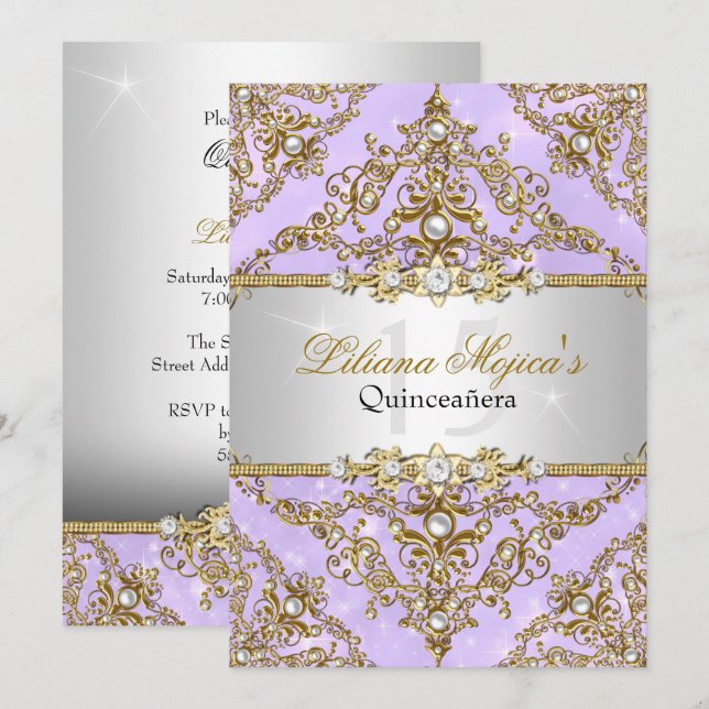 Purple & Gold Pearl Damask Quinceanera Invite (Front/Back)