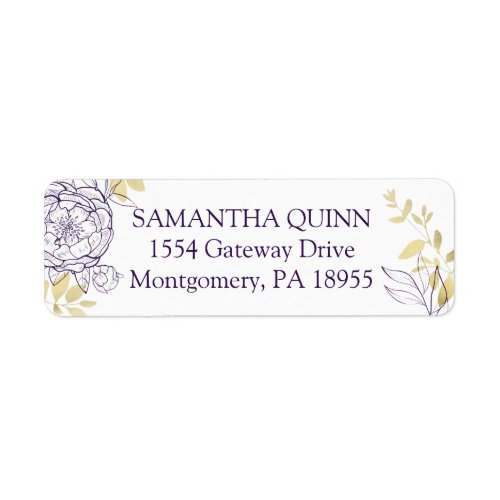 Purple  Gold Peony Floral Return Address Label