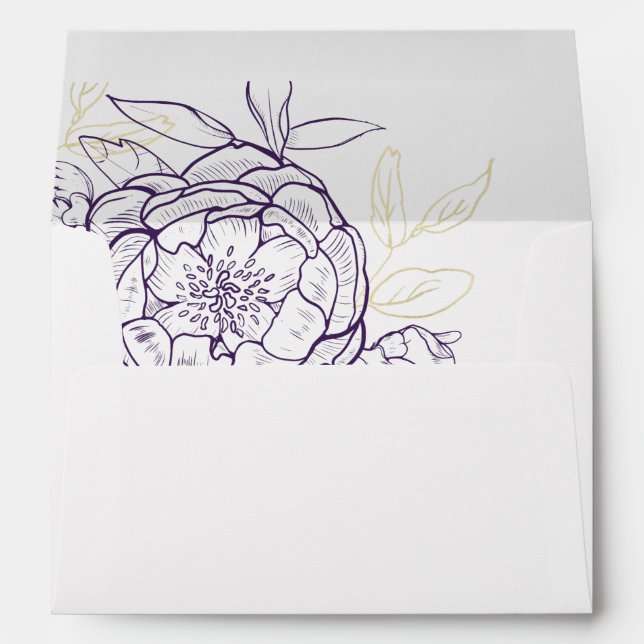 Purple & Gold Peony Floral Wedding Invitation Envelope (Back (Bottom))