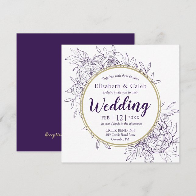 Purple & Gold Peony Modern Floral Toile Wedding Invitation (Front/Back)