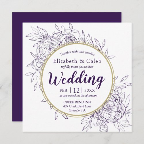 Purple  Gold Peony Modern Floral Toile Wedding Invitation