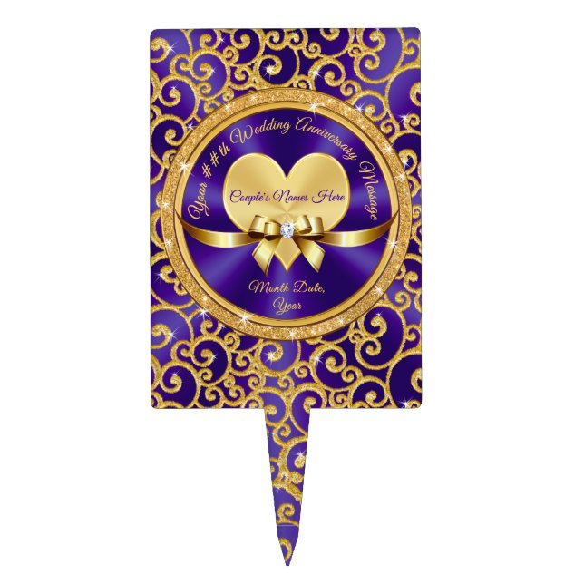 Purple, Gold, Personalized Anniversary Cake Topper (Front)
