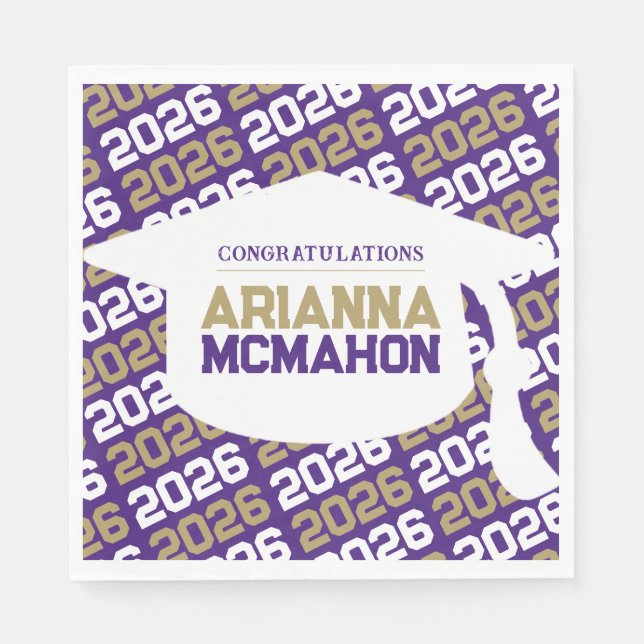 Purple & Gold Personalized Graduation Cap Paper Napkins (Front)