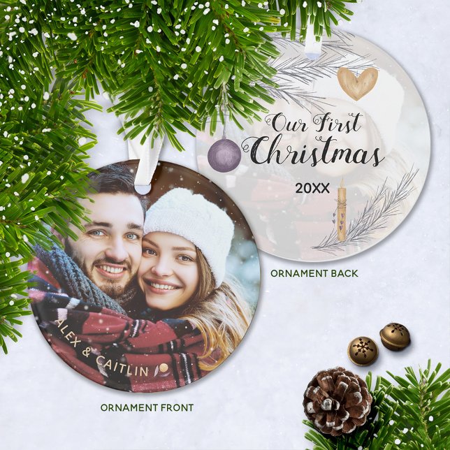 Purple Gold Personalized Our First Christmas PHOTO Ornament (Keepsake First Christmas Couple's Photo Ornament with Year)
