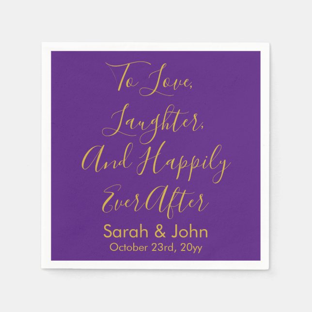 Purple Gold Personalized Script Wedding Reception  Napkins (Front)