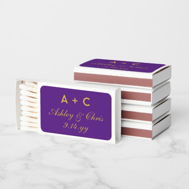Purple & Gold Personalized Wedding Reception Favor Matchboxes (Stacked)