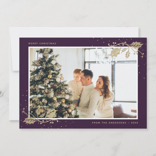 Purple Gold Photo Christmas Card (Front)