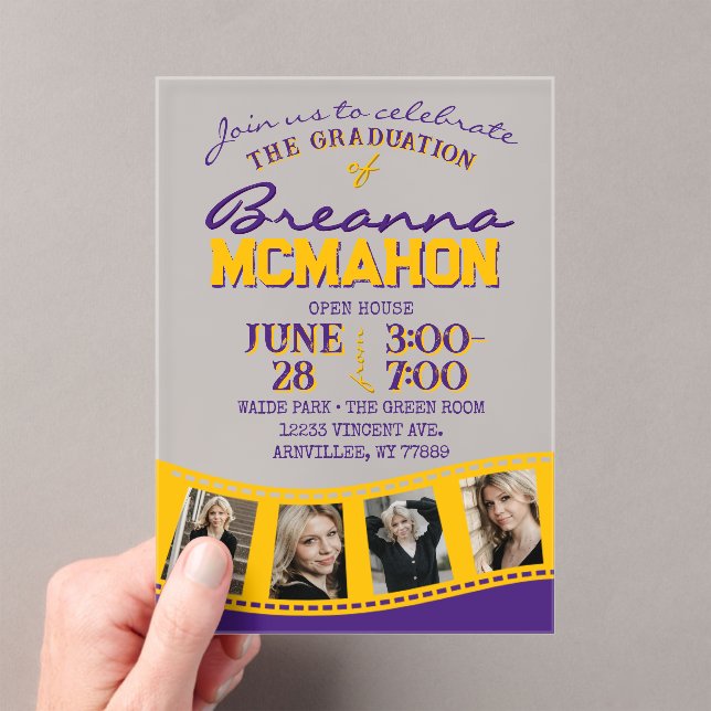 Purple & Gold Photo Graduation Filmstrip Frosted Acrylic Invitations (Insitu (Handheld))