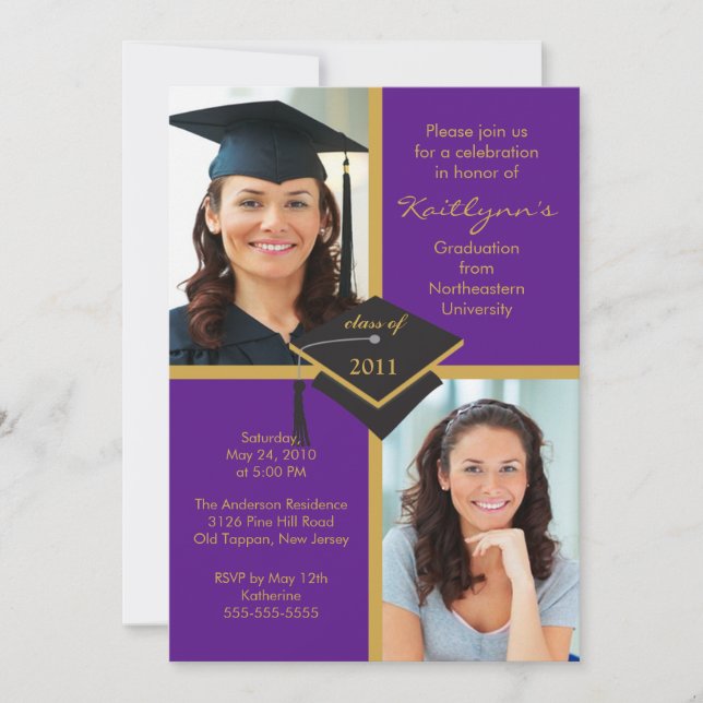 Purple & Gold Photo Graduation Invitation (Front)