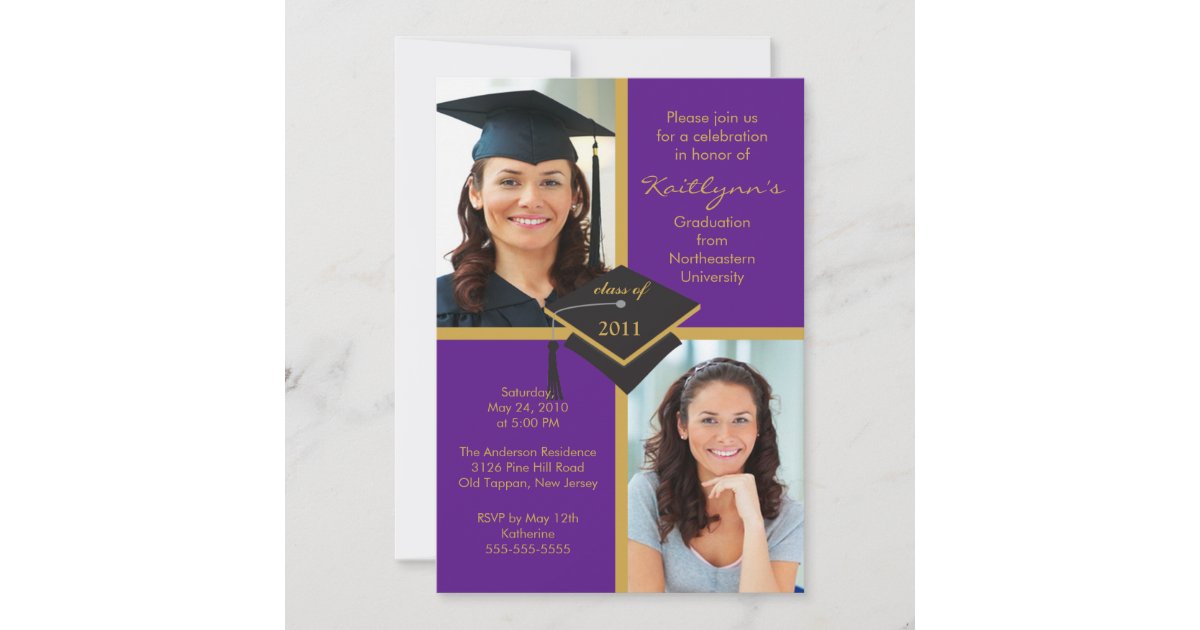 Purple & Gold Photo Graduation Invitation | Zazzle