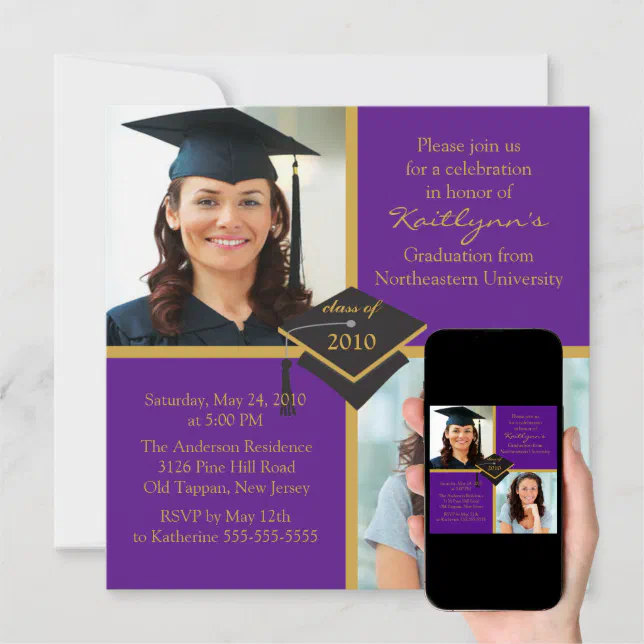 Purple & Gold Photo Graduation Invitation | Zazzle