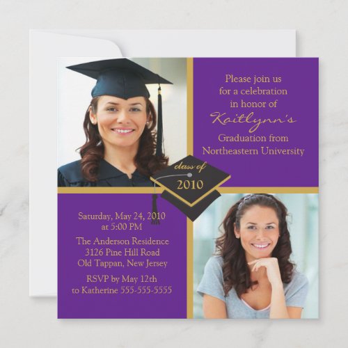Purple  Gold Photo Graduation Invitation