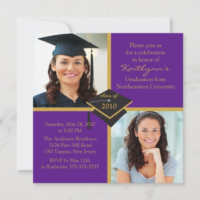 Purple & Gold Photo Graduation Invitation (Front)
