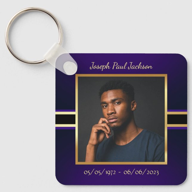 Purple Gold Photo Memorial Keychain (Front)