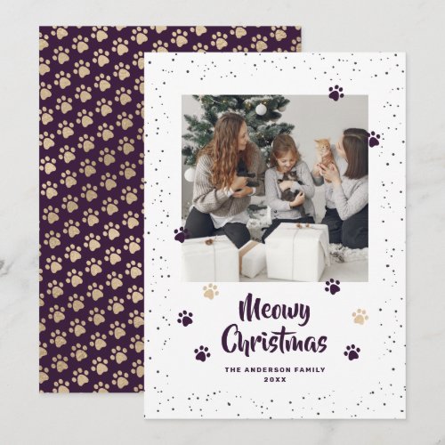 Purple Gold Photo Meowy Christmas Card