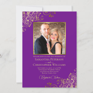 Purple & Gold Photo & QR Code Fancy Wedding Invitation
