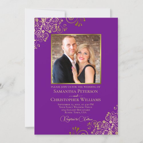 Purple  Gold Photo  QR Code Fancy Wedding Invitation