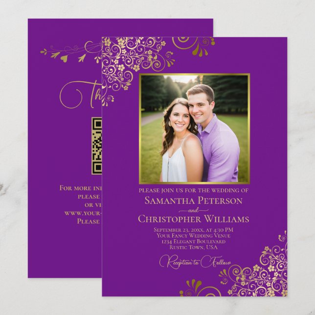 Purple & Gold Photo & QR Code Fancy Wedding Invitation (Front/Back)