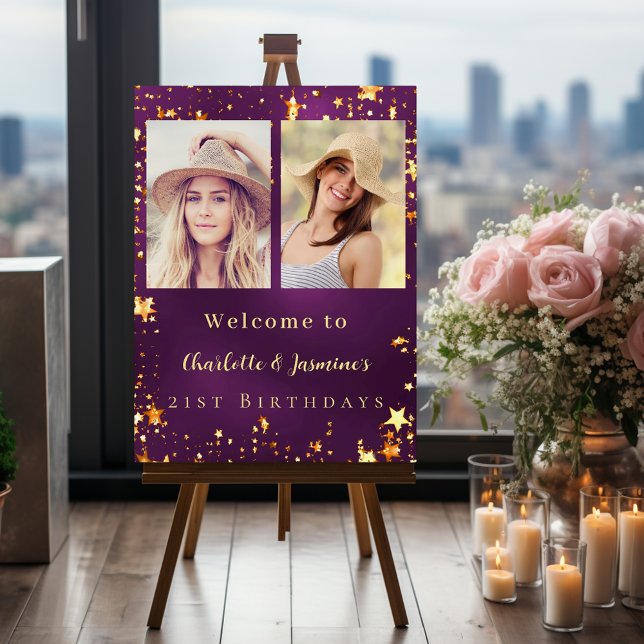Purple gold photo stars 2 persons birthday welcome foam board (Creator Uploaded)