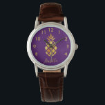 Purple gold pineapple name script watch<br><div class="desc">Elegant,  modern faux gold pineapple on a chic girly purple background color. Template for your name,  golden curved letters.  The name is written with a trendy hand lettered style script. Golden numbers from 8 to 4.</div>