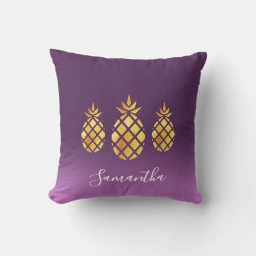 Purple gold pineapples name script outdoor pillow