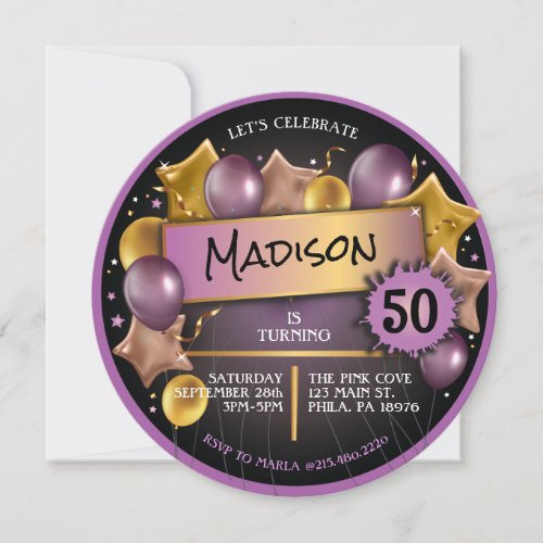 Purple GOLD PINK Balloons 50th 60th Birthday Invitation
