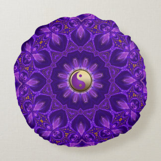 Purple Gold Pink Energy Healing Mandala Round Pillow