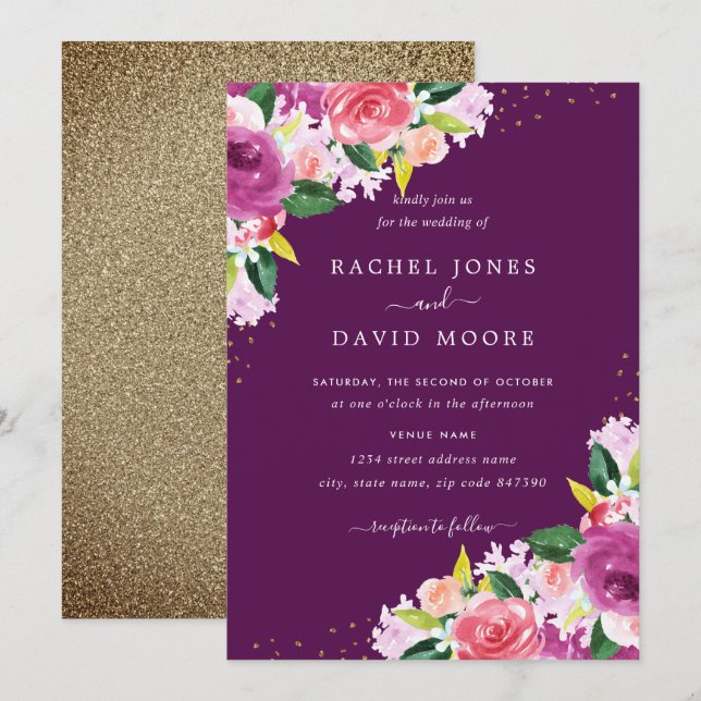 Purple Gold Pink Floral Watercolor Wedding Invite (Front/Back)