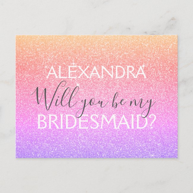 Purple Gold Pink Glitter and Sparkle Bridesmaid Invitation Postcard