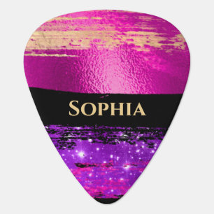 Purple Gold Pink Stars Brush Strokes, Gold Name Guitar Pick