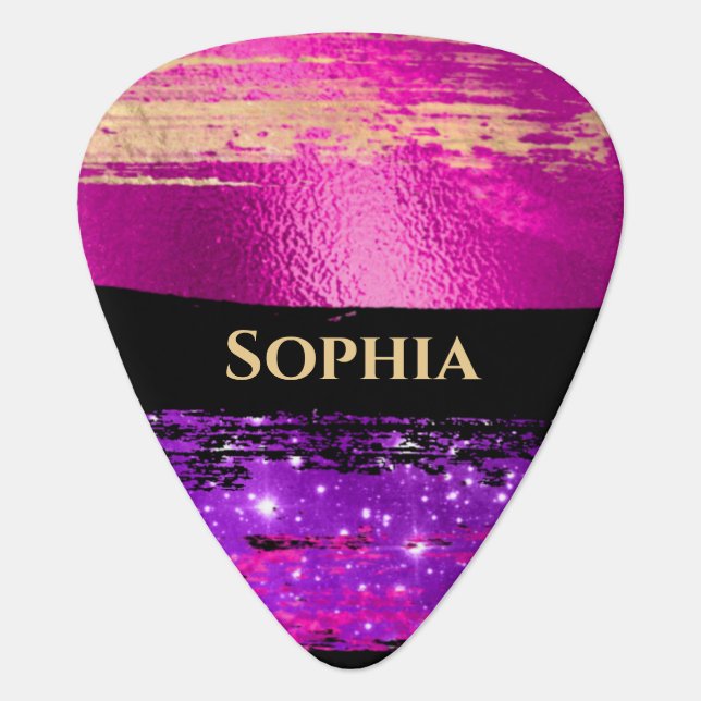 Purple Gold Pink Stars Brush Strokes, Gold Name Guitar Pick (Front)