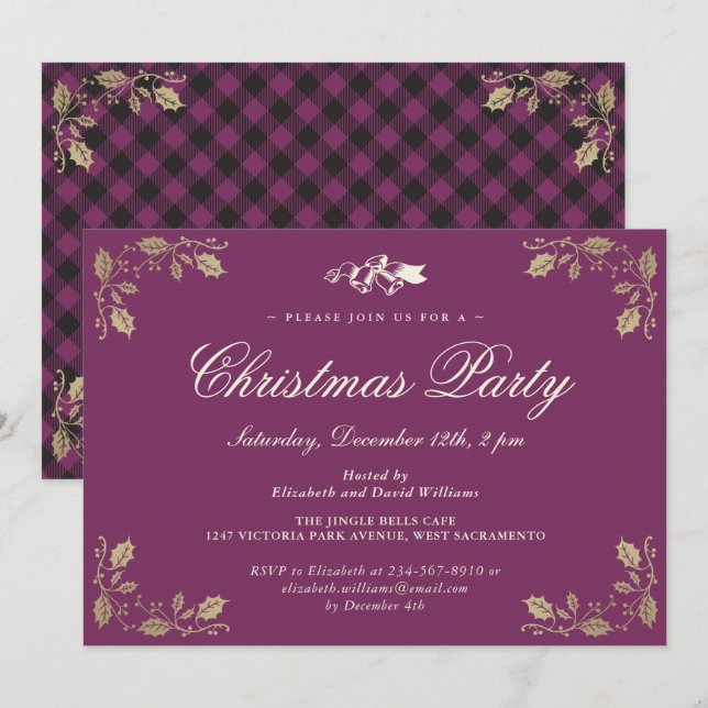 Purple Gold Plaid Christmas Holiday Party Invitation (Front/Back)